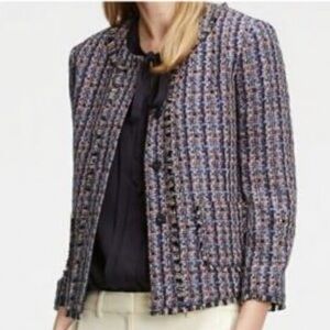 Ann Taylor Tweed Fringe Bottom Cropped Sleeves Blazer Jacket